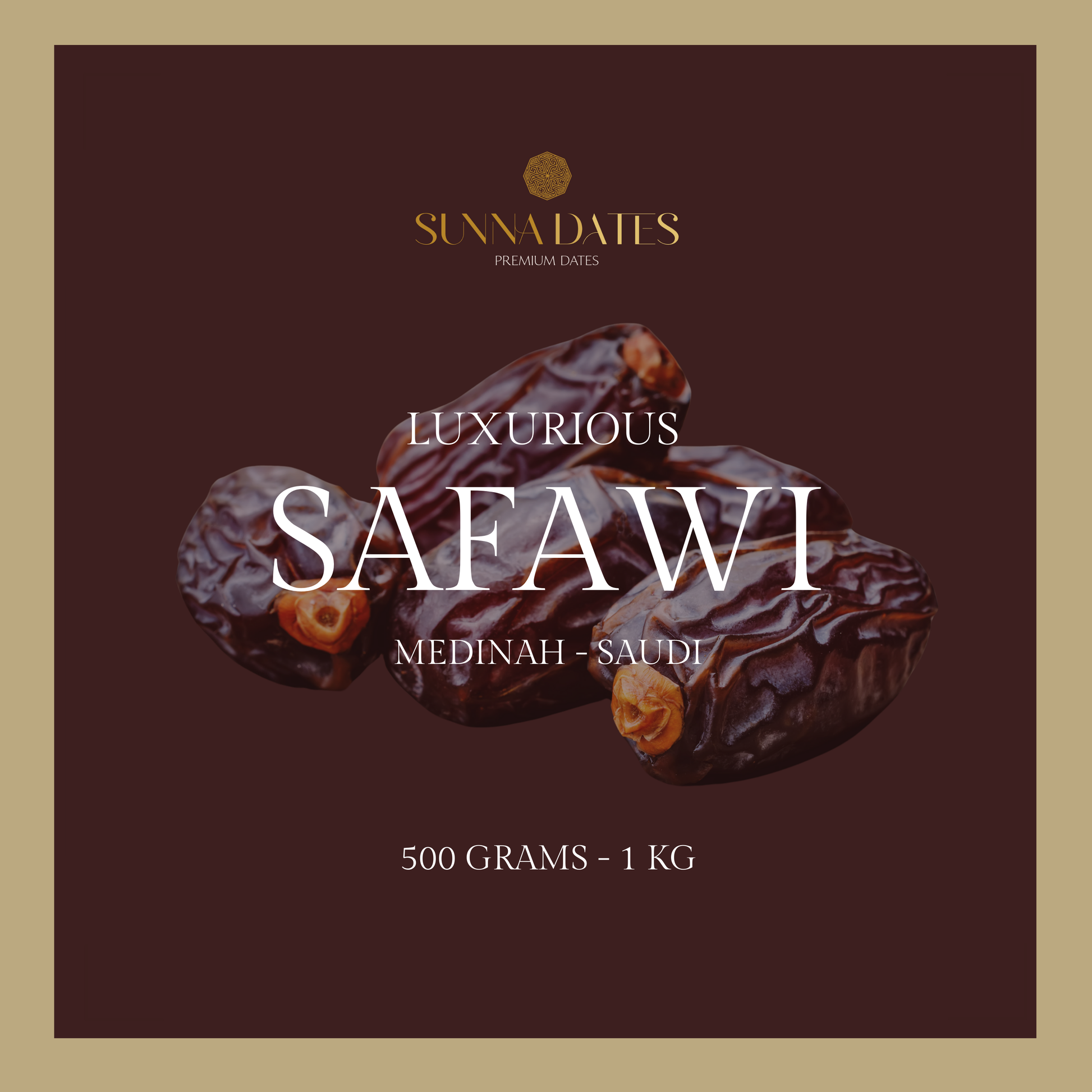 Luxurious packaging of premium Safawi dates by Sunna Dates, delivered fresh from London.